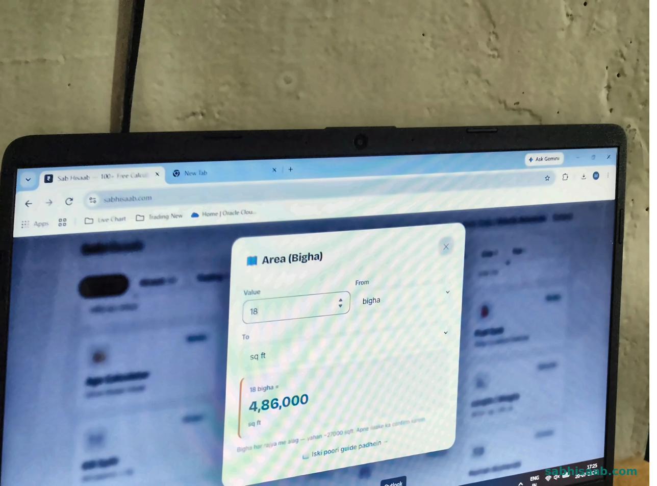 Sab Hisaab ka bigha to square feet converter — 18 bigha ka result dikhate hue